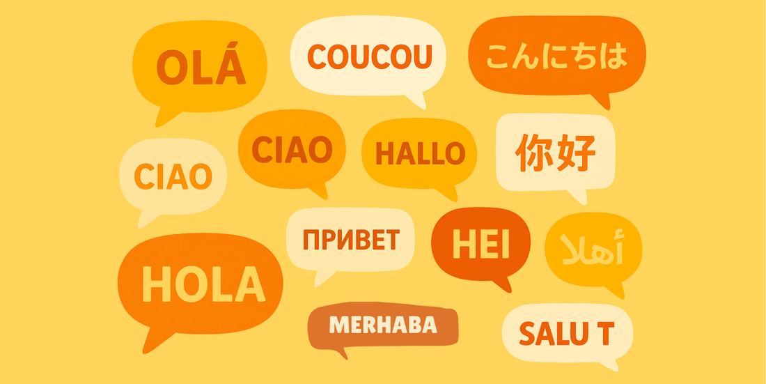 A diverse group of happy parents and toddlers engaged in playful language learning activities, with speech bubbles in different languages, representing various methods of introducing languages from an early age.