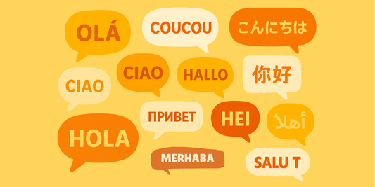 A diverse group of happy parents and toddlers engaged in playful language learning activities, with speech bubbles in different languages, representing various methods of introducing languages from an early age.