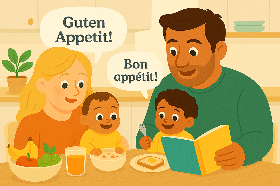 A caring parent reading a book with a child, surrounded by subtle visual cues of two languages, symbolizing support and solutions for common challenges in raising bilingual children.