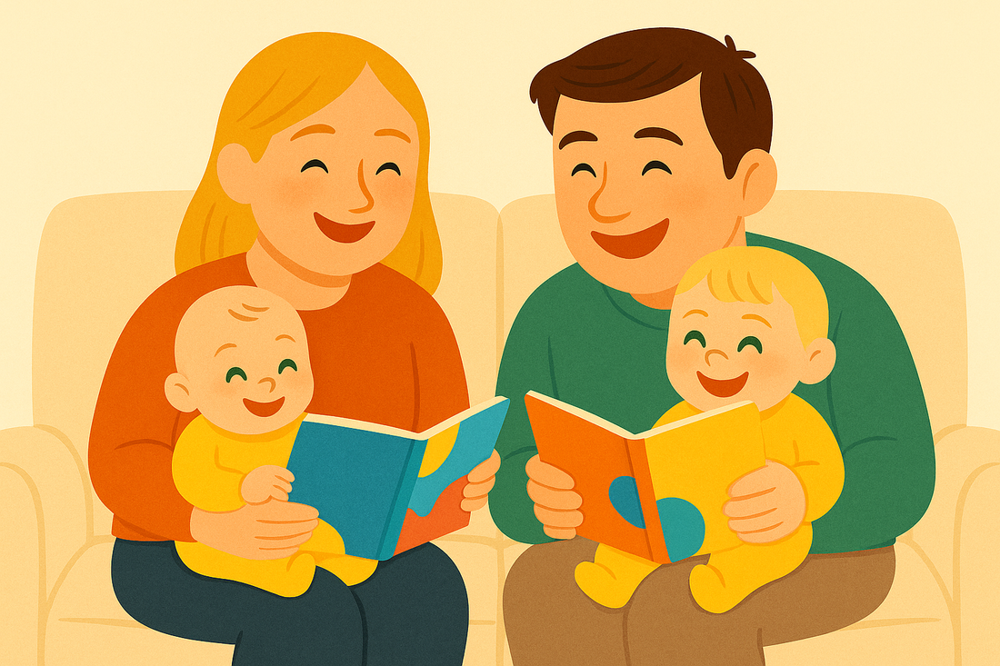 A joyful bilingual family, mother and father, reading colorful children's books in different languages to their happy baby, symbolizing the One Parent, One Language (OPOL) method for early language learning and family connection.